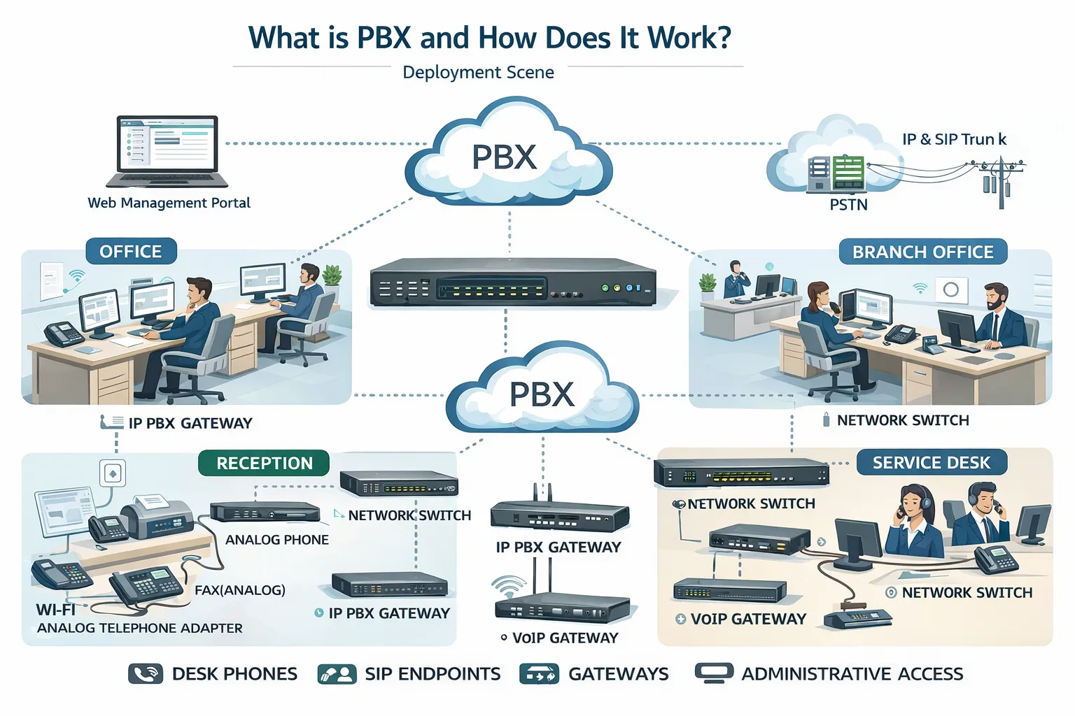 What Is PBX and How Does It Work deployment scene covering office, branch office, reception, service desk with desk phones, SIP endpoints, gateways, and administrative access