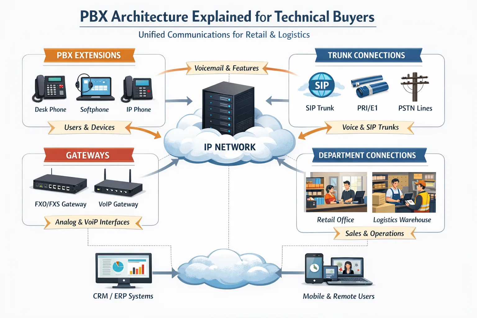 PBX Architecture Explained for Technical Buyers overview showing PBX extensions, trunks, gateways, and department connections in retail & logistics projects