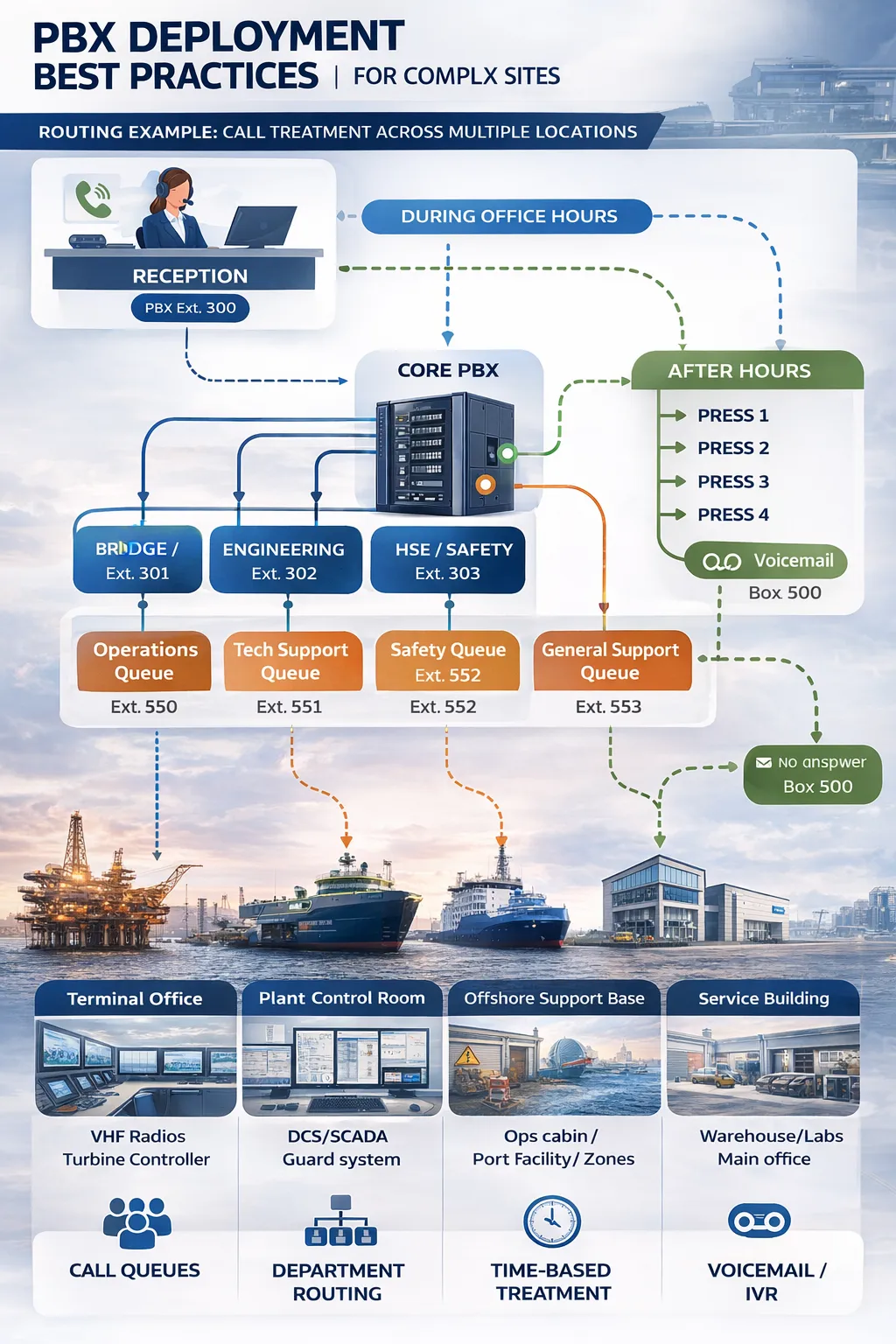 PBX Deployment Best Practices for Complex Sites routing example showing reception, departments, queues, and time-based call treatment across terminal office, plant control room, offshore support base, service building