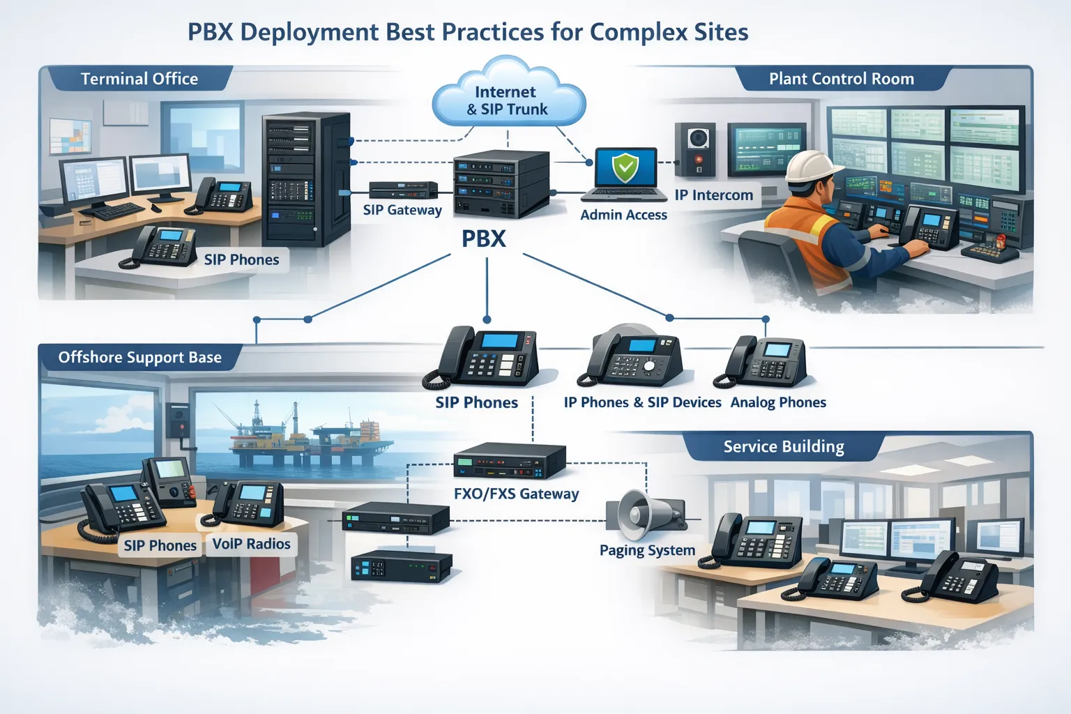 PBX Deployment Best Practices for Complex Sites deployment scene covering terminal office, plant control room, offshore support base, service building with desk phones, SIP endpoints, gateways, and administrative access