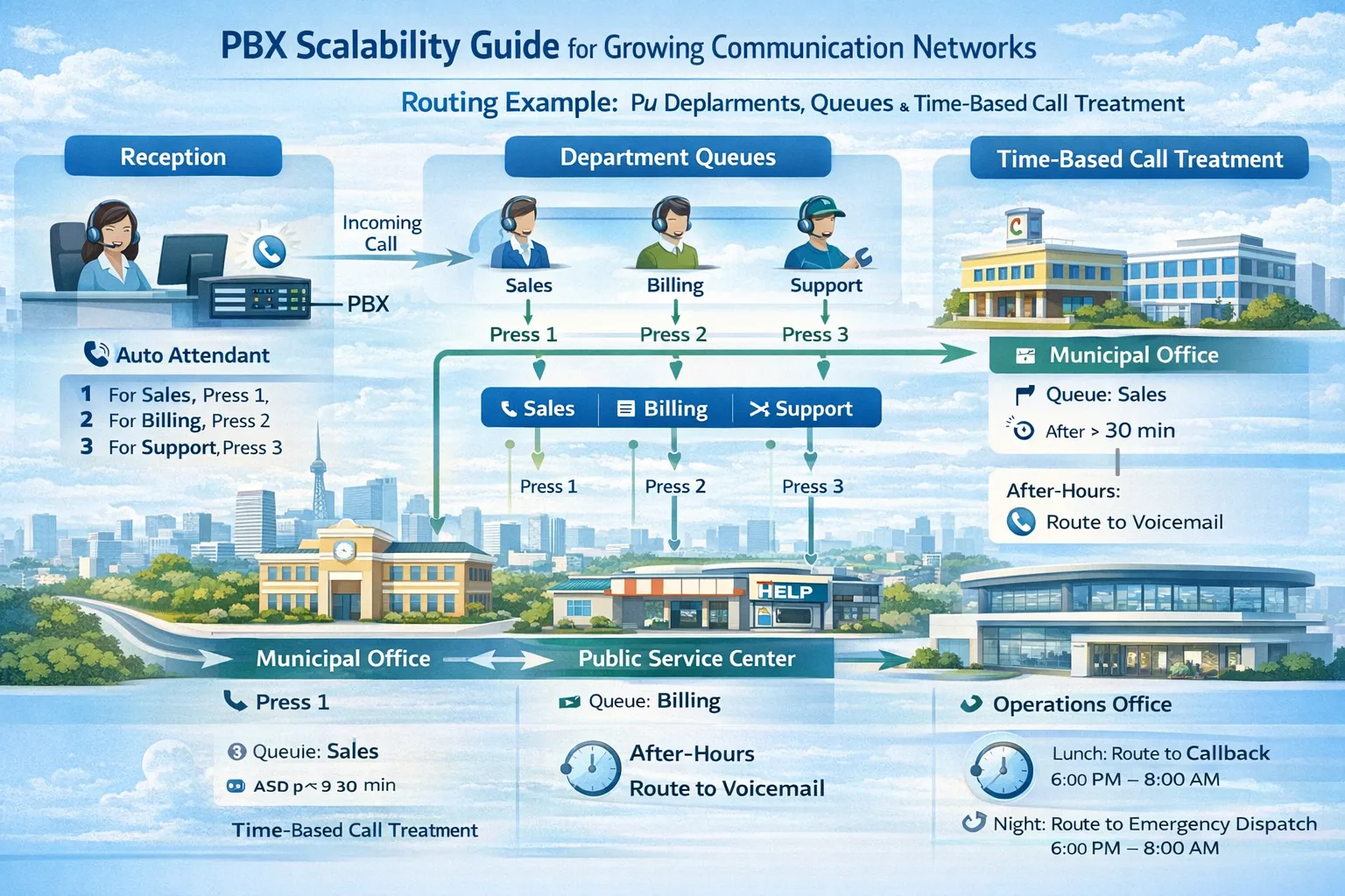 PBX Scalability Guide for Growing Communication Networks routing example showing reception, departments, queues, and time-based call treatment across municipal office, public service center, roadside help point, operations office