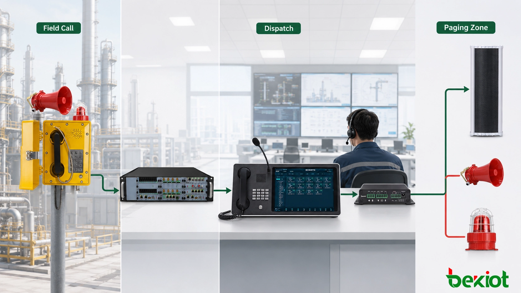 IP PBX, 지령 콘솔, 방송 게이트웨이 및 산업용 스피커와 연결된 방폭 전화기