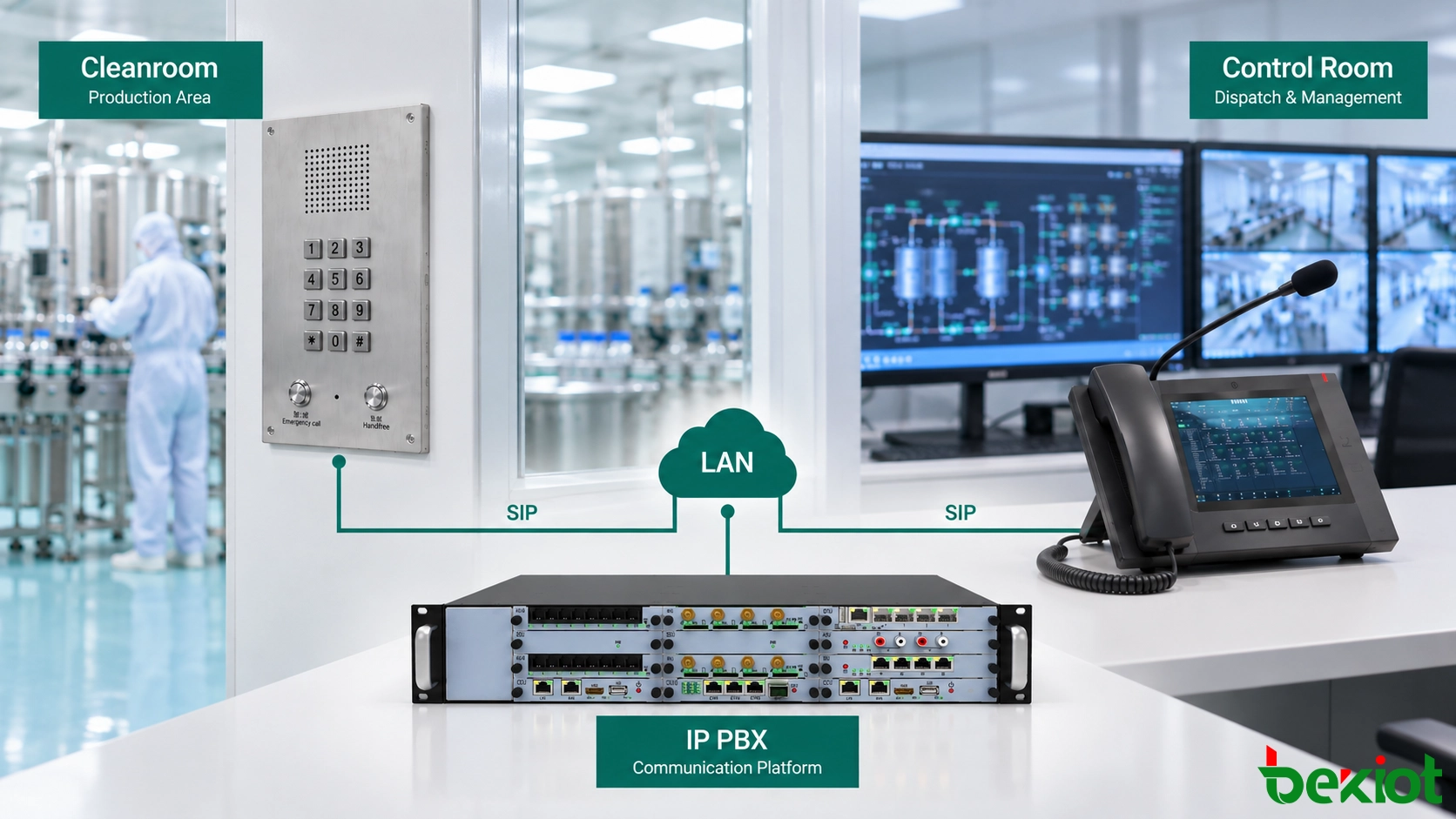 BT26 클린룸 전화기가 BU2000 IP PBX를 통해 GP320i 디스패치 전화기에 연결됨